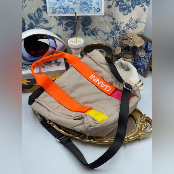 🆕 GANNI 🧿 NWT Small Recycled Tech Tote Bag Crossbody, Khaki & Orange - Picture 14 of 14